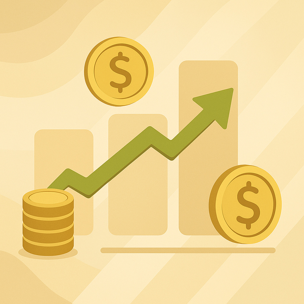 تصویر نمودار صعودی با پیکان سبز و سکه‌های طلایی روی پس‌زمینه بژ، نماد رشد مالی و تعهد بلندمدت برند نامیا تریدینگ