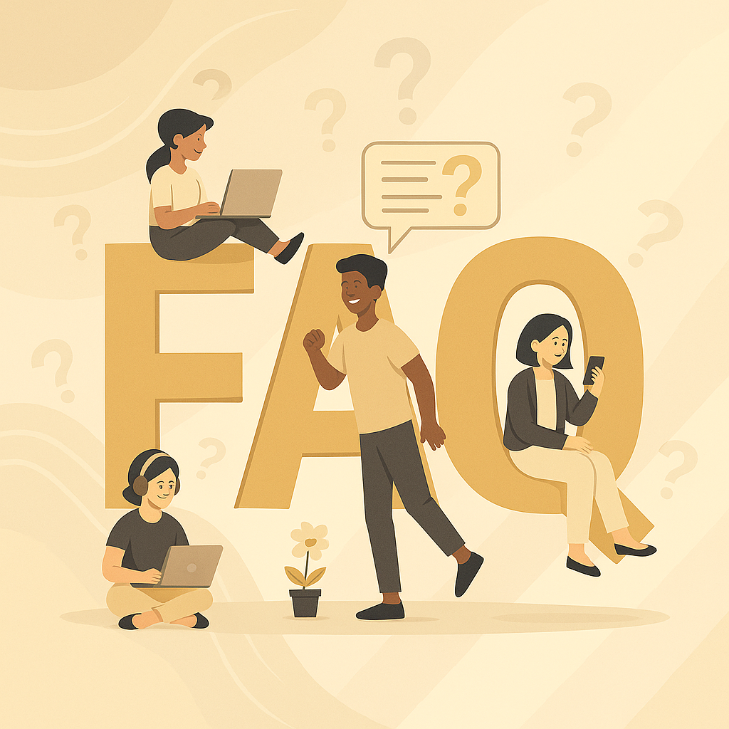 تصویر حروف بزرگ FAQ با کاراکترهایی در حال تعامل و استفاده از لپ‌تاپ، در استایل مینیمال و تم برند نامیا تریدینگ