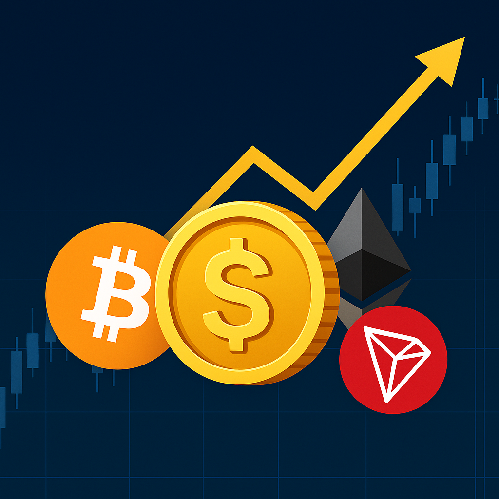 تصویر نمادهای بیتکوین، اتریوم، ریپل و ترون در زمینه‌ای مفهومی، نشان‌دهنده رشد دارایی‌های دیجیتال در برابر دلار