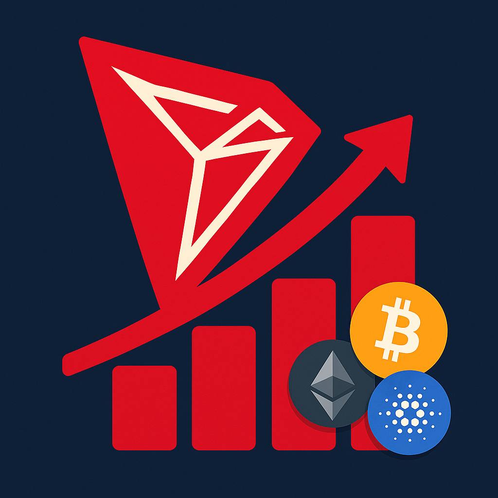 تصویر نماد ترون در حال رشد در کنار نمادهای بیتکوین، اتریوم و کاردانو، نشان‌دهنده برتری عملکرد ترون در بازار کریپتو