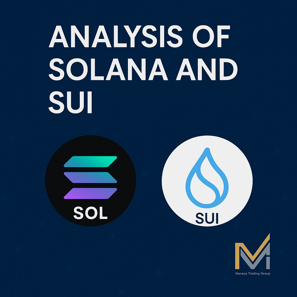 تصویر گرافیکی شامل لوگوی سولانا و سوی با عنوان "Analysis of Solana and SUI" بر زمینه‌ای آبی تیره و لوگوی Namiya Trading Group در پایین تصویر